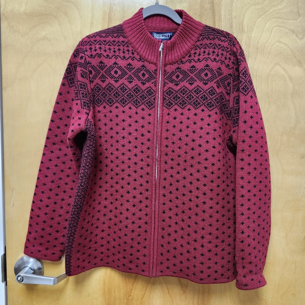 Vintage Lands End Red Black Wool Cardigan Sweater Women's  Size L Thick Full Zip